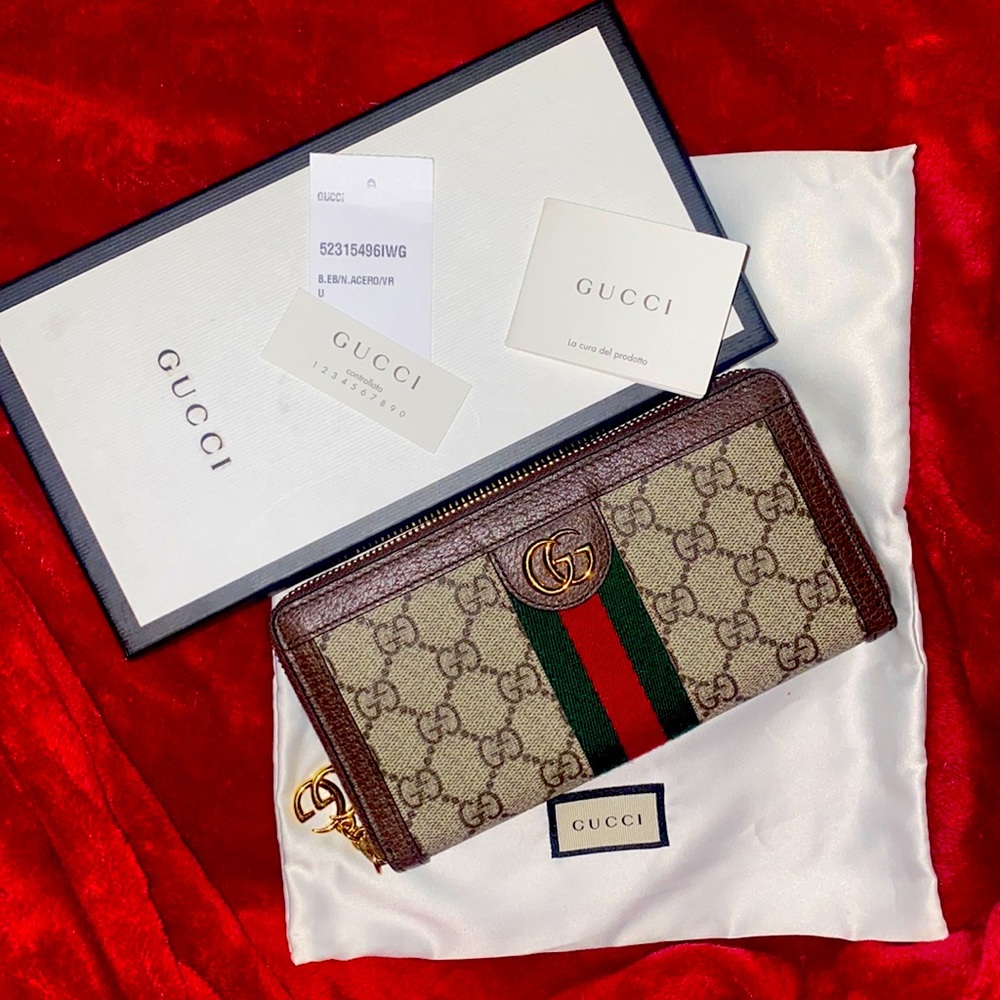 Authentic GUCCI  GG Supreme Canvas Signature Web Ophidia Zip Around Wallet